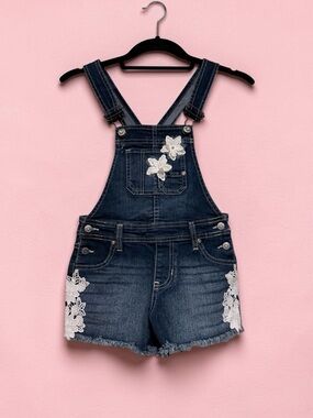 Jordache  Denim Short Overalls with White Floral Appliqué